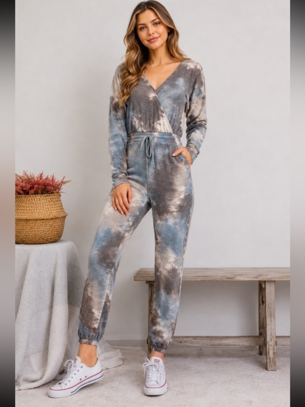 Whiteroom + Cactus Gray Tie-Dye Wrap Front Jogger Jumpsuit Size Medium